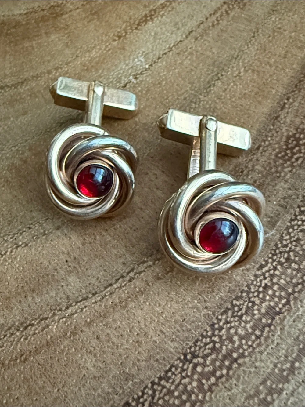 VTG Swank Gold Tone Love Knot Cufflinks Red Glass Cabochon Retro 1940s